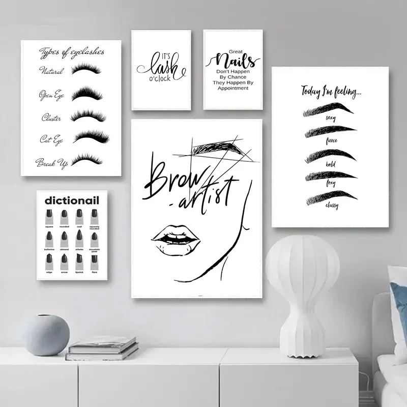 Canvas Paintings Modern Beauty Salon Poster Lash Eyebrow Nail Art Technician Room Decor Black White Decorative Wall Picture Deco