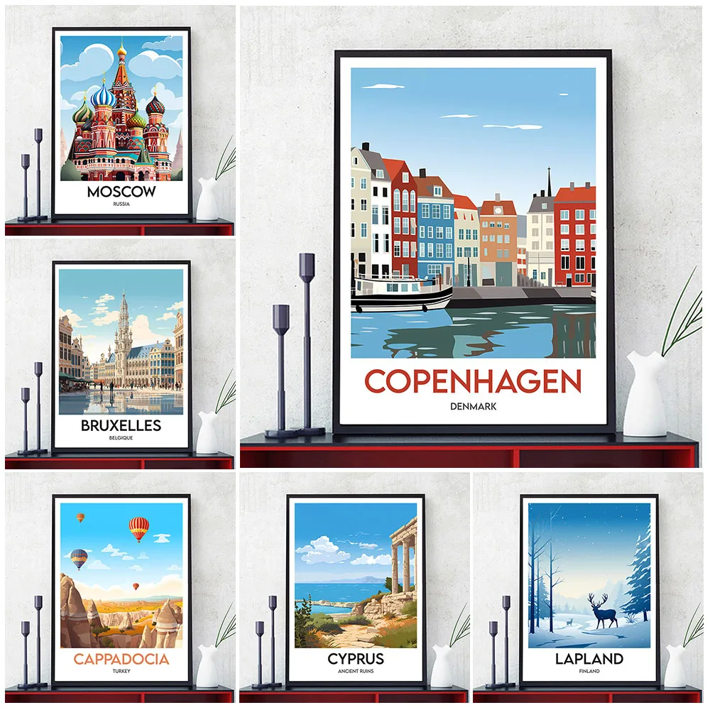 Brussels,Copenhagen,Monaco,Switzerland,Travel Poster Europe City Travel Illustration Minimalist Wall Art Home Decor Unframed