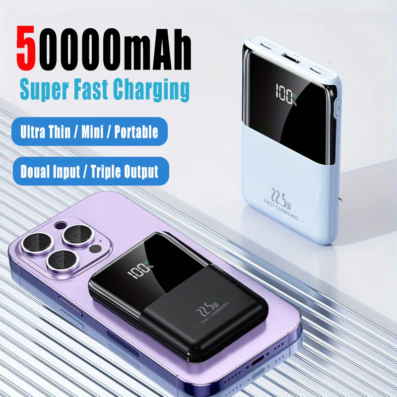 

50000mAh Ultra-Thin Portable Power Bank 22.5W Fast Charging Mini Portable Battery Charger For IPhone Samsung Xiaomi