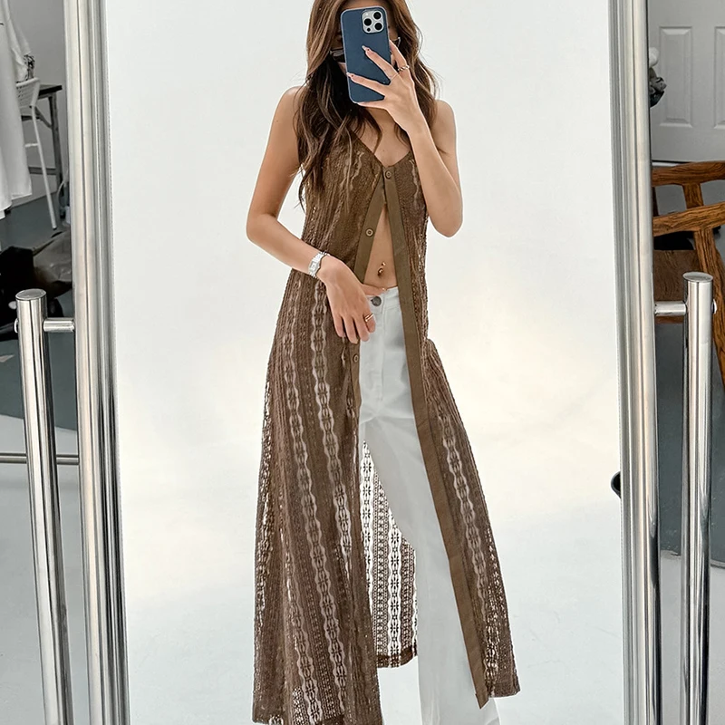 

Talenza Lace Hollow Out Dress Women's V Neck Sleeveless Single Breasted Slit Cardigan Dress Lady Beach Holiday Loose Sling Dress