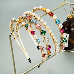 European and American Fashion Trend Double-layer Metal Hair Hoop, Korean Version Pearl Inlaid Rhinestone Super Flash Headband