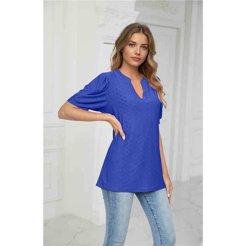 

A83F-Summer Puff Short Sleeve Shirts For Women Loose Fit Eyelet T Shirt Notch V Neck Tunic Blouse Hollow Out Work Tops