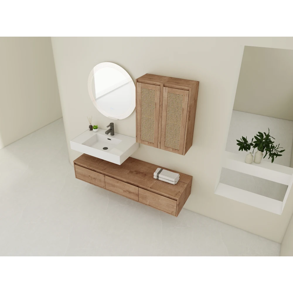 60 Inch Wall-Mounted Bathroom Vanity with Resin Sink and 2-Side Cabinet, 3-Soft Close Drawer, Float Mounting Design