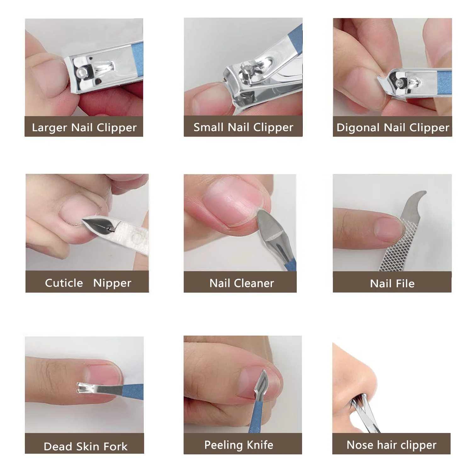 Zestaw do pedicure ze stali nierdzewnej, nożyczki do paznokci, pilniki do paznokci, wykałaczki do uszu, pęsety, nożyczki do włosów w nosie, golarka do brwi, (niebieski)