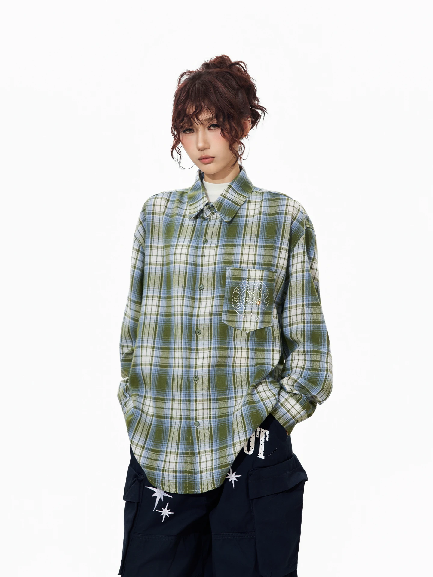 

S3T5 Green Plaid Brushed Casual Long Sleeve Shirt Loose Fit Slimming Top for Men And Women Spring Season American Retro Style