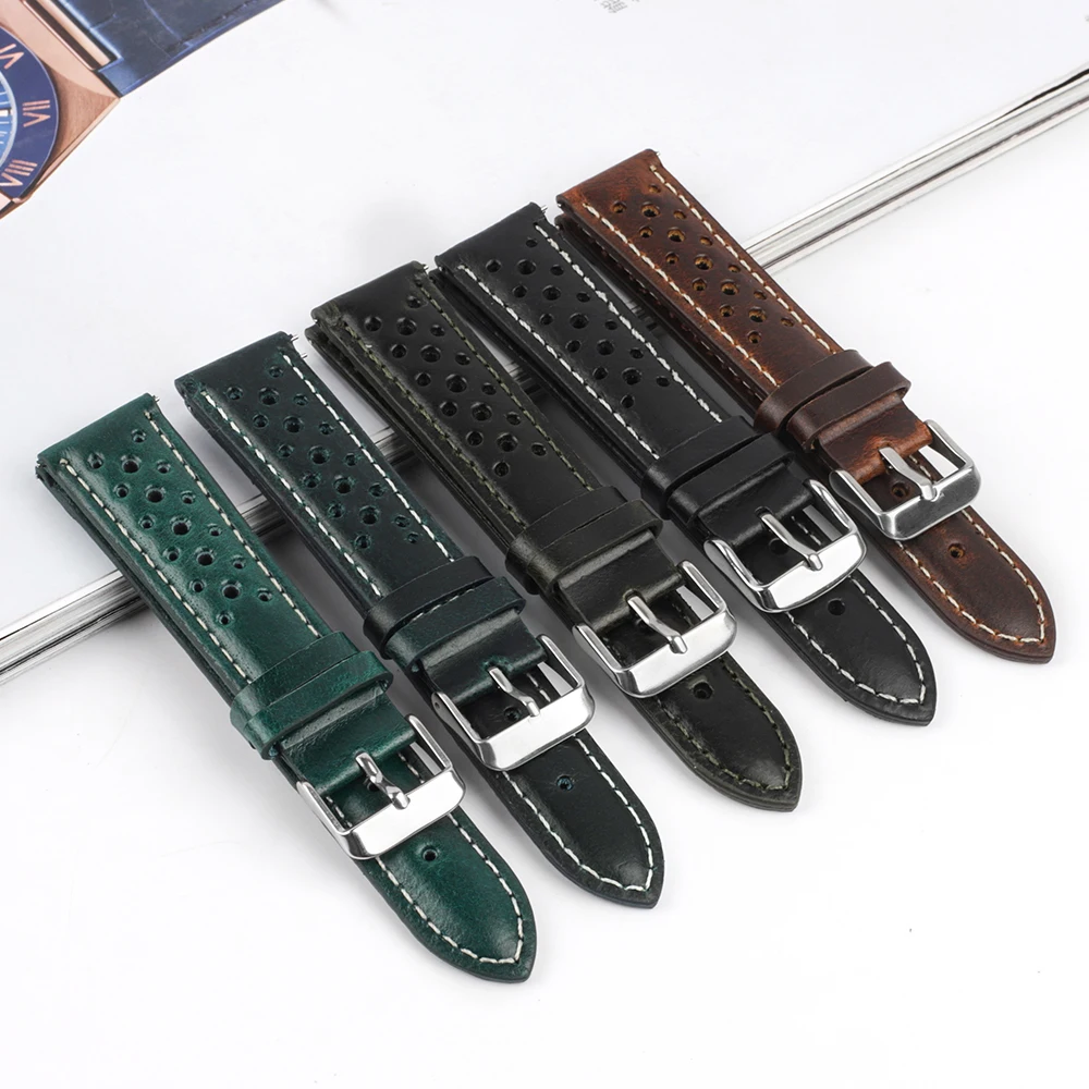 Handmade Black Oil Wax Watch Band 18mm 19mm 20mm 21mm Waterproof Porous Breathable Genuine Leather Watch Strap for Men Women