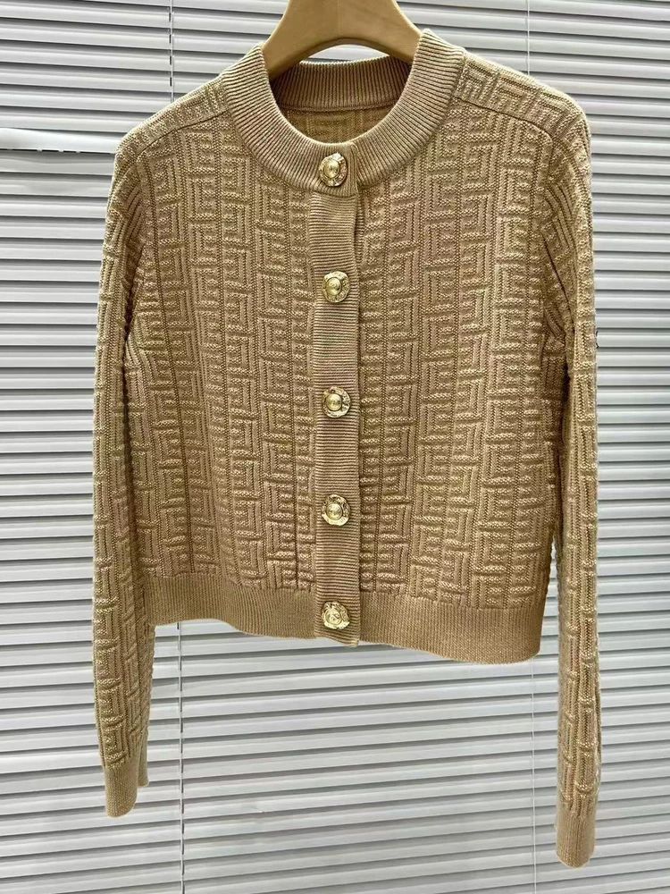 

Luxury Edition Parisian High-End Knitted round Ne Open Cardigan Top with Gold Bule Maze Embroidery Slim Fit Women's Woole...