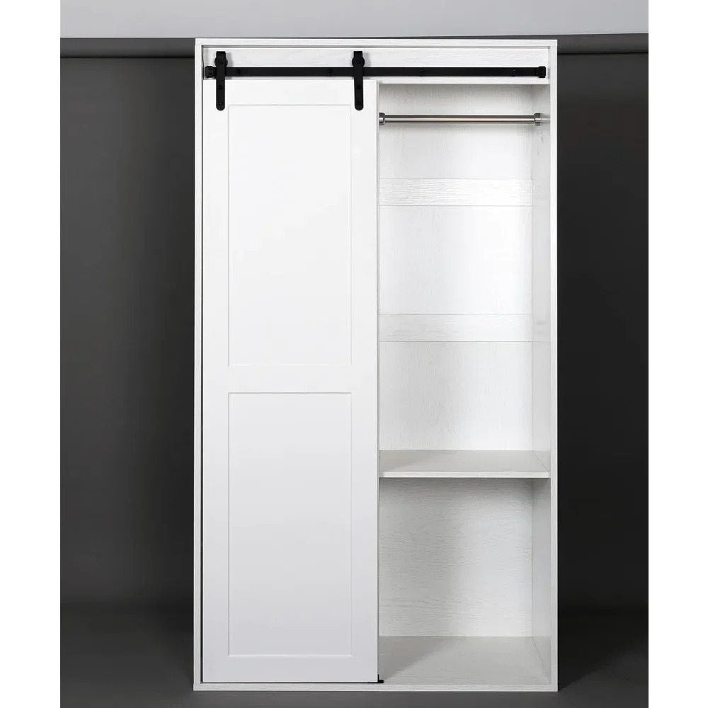 71 inch Tall Bedroom Armoire Wardrobe Closet Clothing Storage Cabinet with Hanging Rod Barn Door Drawers Open Shelves (White)