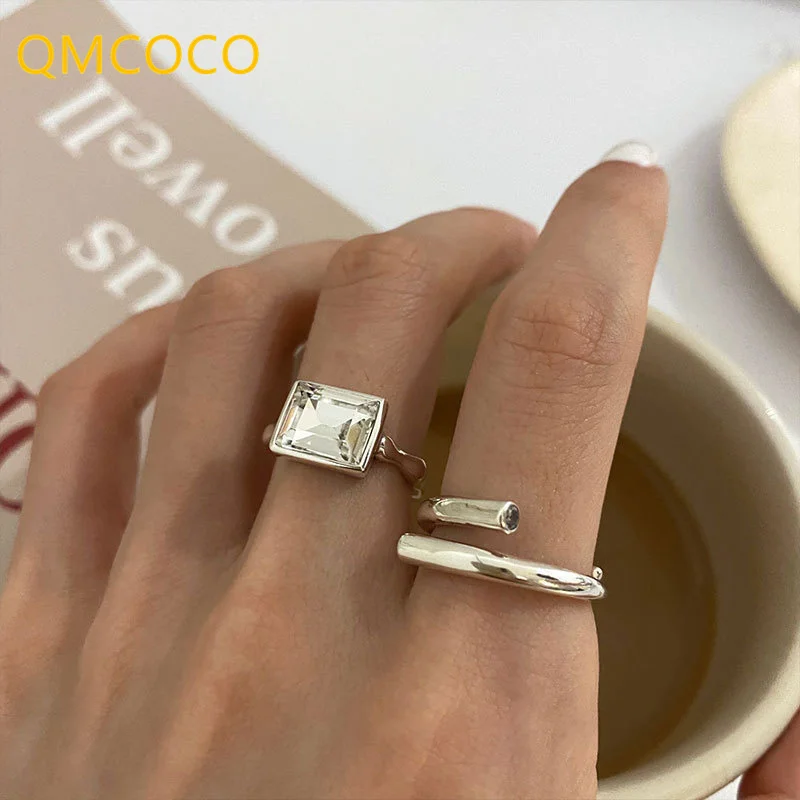 QMCOCO Silver Color Irregular Zircon Square Wide Rings For Charm Woman Trendy Elegant Simple Geometric Daily Party Accessories