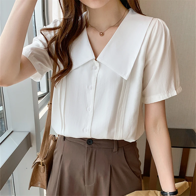 Summer Office White Women's Blouses 2023 New Elegant Turn-down Collar Single Breasted Short Sleeve Casual Shirts Tops Female