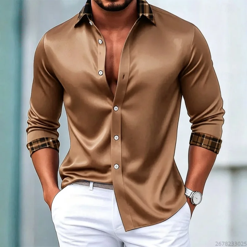 Men's Orange Plaid Print Long-Sleeve Shirt, Versatile, Stylish, and Casual Top for Everyday Wear, Outings, Commutes, and Parties