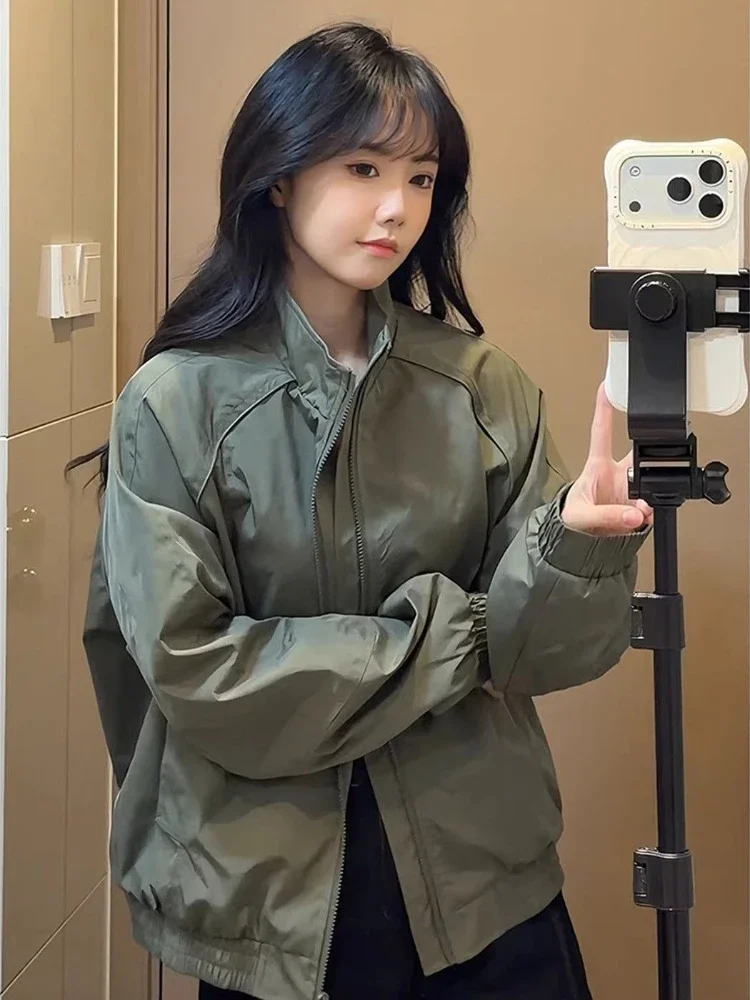 Unisex Army Green Deconstructed Baseball Bomber Spring Cleanfit Cropped Flight Jacket with Stand Collar & Structured Shoulders