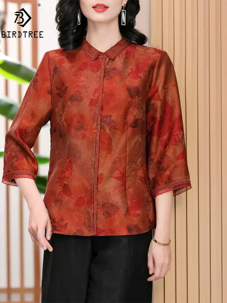 

BirdTree, Watered Gauze Real Silk Elegant Shirt, Women 3/4 Sleeve Lace, Retro Loose Vintage Blouse, 2024 Summer New T456113QM