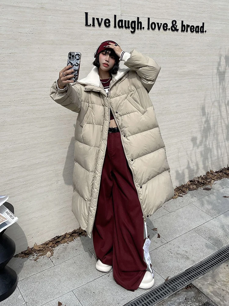 

Winter Long Loose Warm Down Jackets Women Patchwork White Duck Down Parker Outwears Female Thicken Quilted Knee Length Jacket