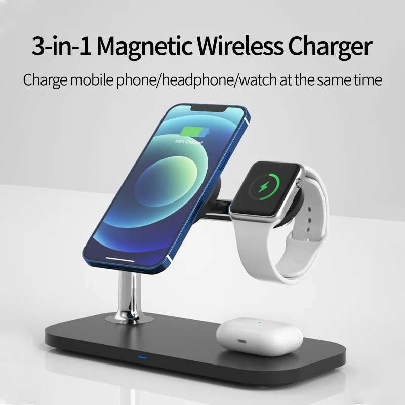 

OJD85 Magnetic 3-in-1 Wireless Charger The Headset Smart Watches USB The Portable Wireless 15W Quick Charge Stents