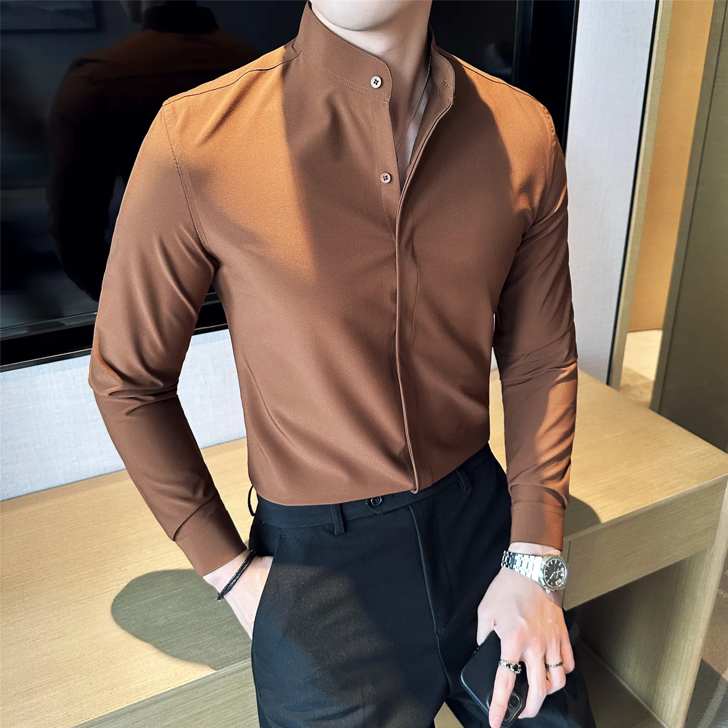 Autumn Winter Business Casual Shirt Men's Chinese Style Standing Collar Shirts Elastic Long Sleeve Office Social Men Clothing