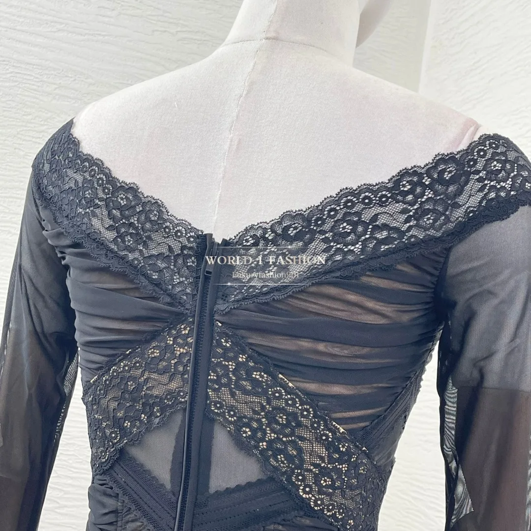 Black Lace Patchwork Long Sleeve Ruched Tulle Off The Shoulder Tops