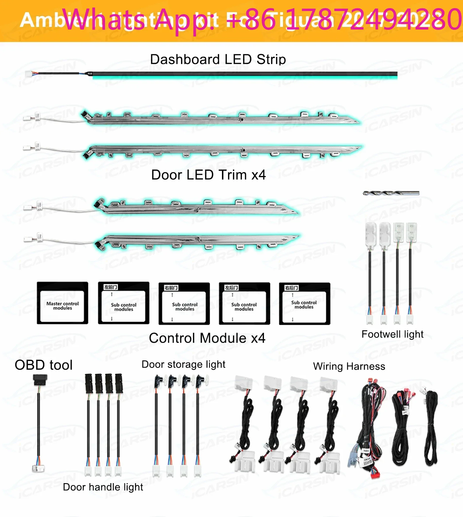 ICarsin Car Ambient Lighting Upgrade Kit for    Tiguan 2017 to 2022 Interior LED Lights Door Trim