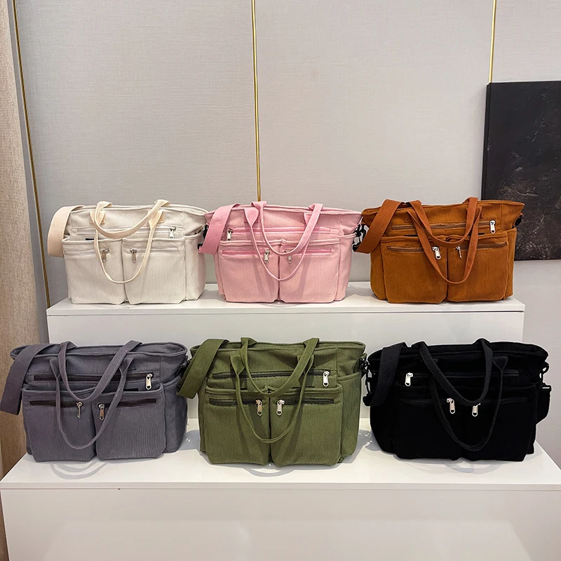 

Korean Casual High Quality Ladies University Soft Shoulder Bags Luxury Trendy Corduroy School Shopping Tote Handbags for Women