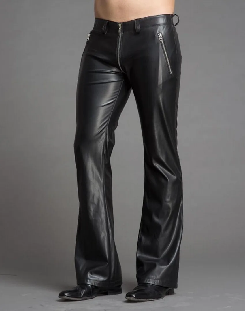 Autumn New Men's Slim Fashion Zipper Genuine Leather Flares Pants Male Personality Speaker Pants Plus Size Men Trousers 29-39