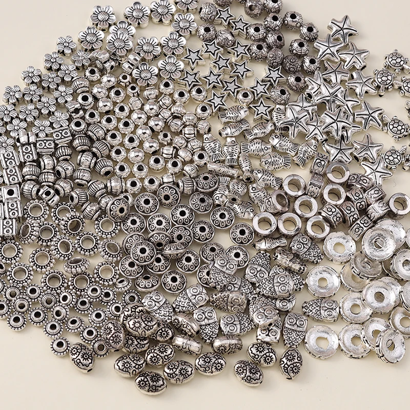 Leslie 50pcs Tibetan Antique Silver Color Metal Beads Animal Flower Round Spacer Beads for Jewelry Making DIY Bracelet Necklace