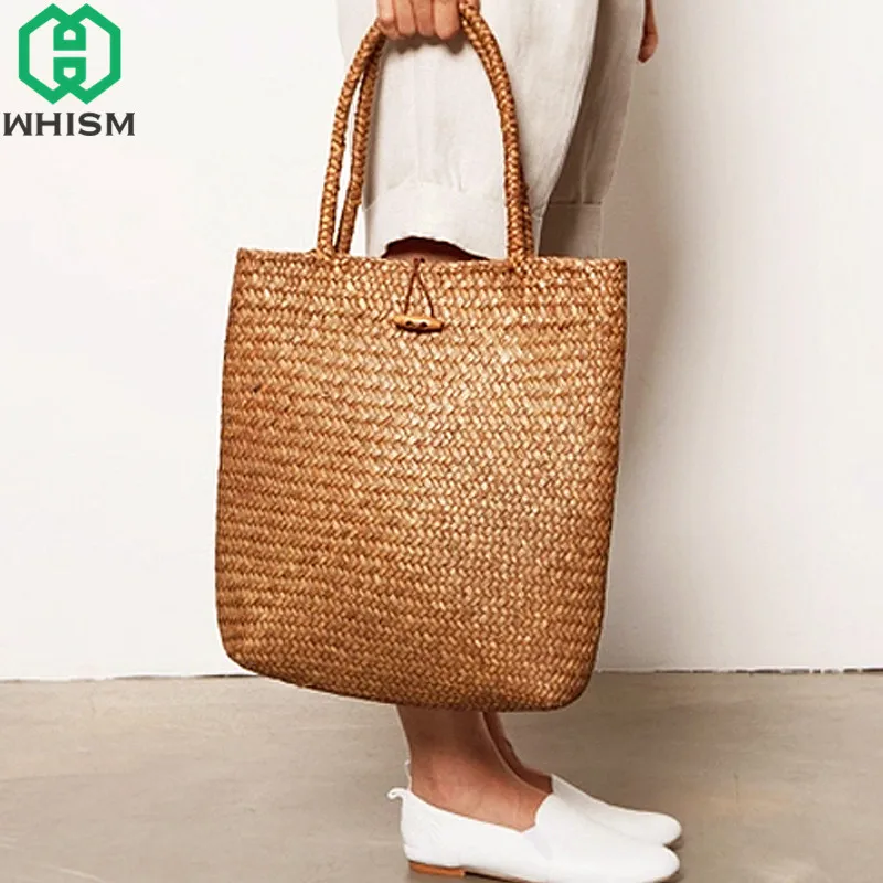 

WHISM Rattan Grass Shoulder Bags Straw Women's Knitting Handbags Handmade Storage Bag Travel Wicker Storage Basket with Button