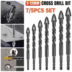 7/5PCS Masonry Drill Bit Set 3-12mm Concrete Drill Bit Set For Brick /Plastic/Glass /Tile/Black Hex Shank Tile Drill Bit Tools