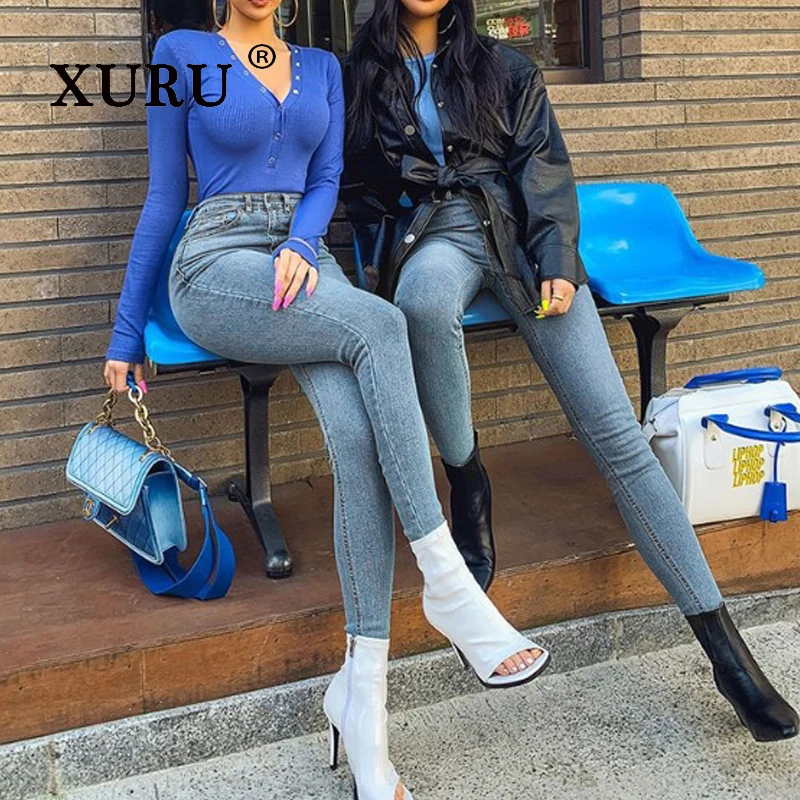 XURU-Light Blue High Waist Stretch Jeans for Women, High Street Jeans, Europe and The United States, New, N7-3073