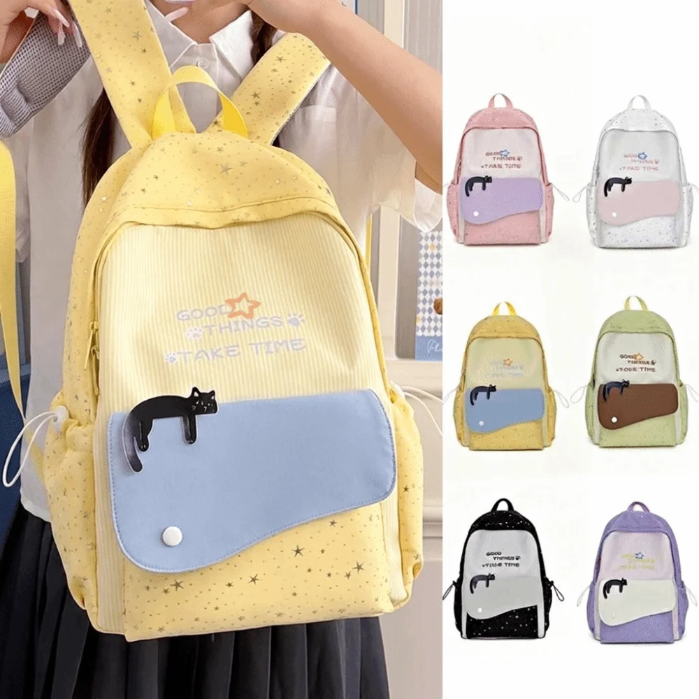 Cute Sweet Cat Star Backpack Minimalist Multicolored Nylon Rucksack Lightweight Multiple Pockets Student School Bag Travel Use