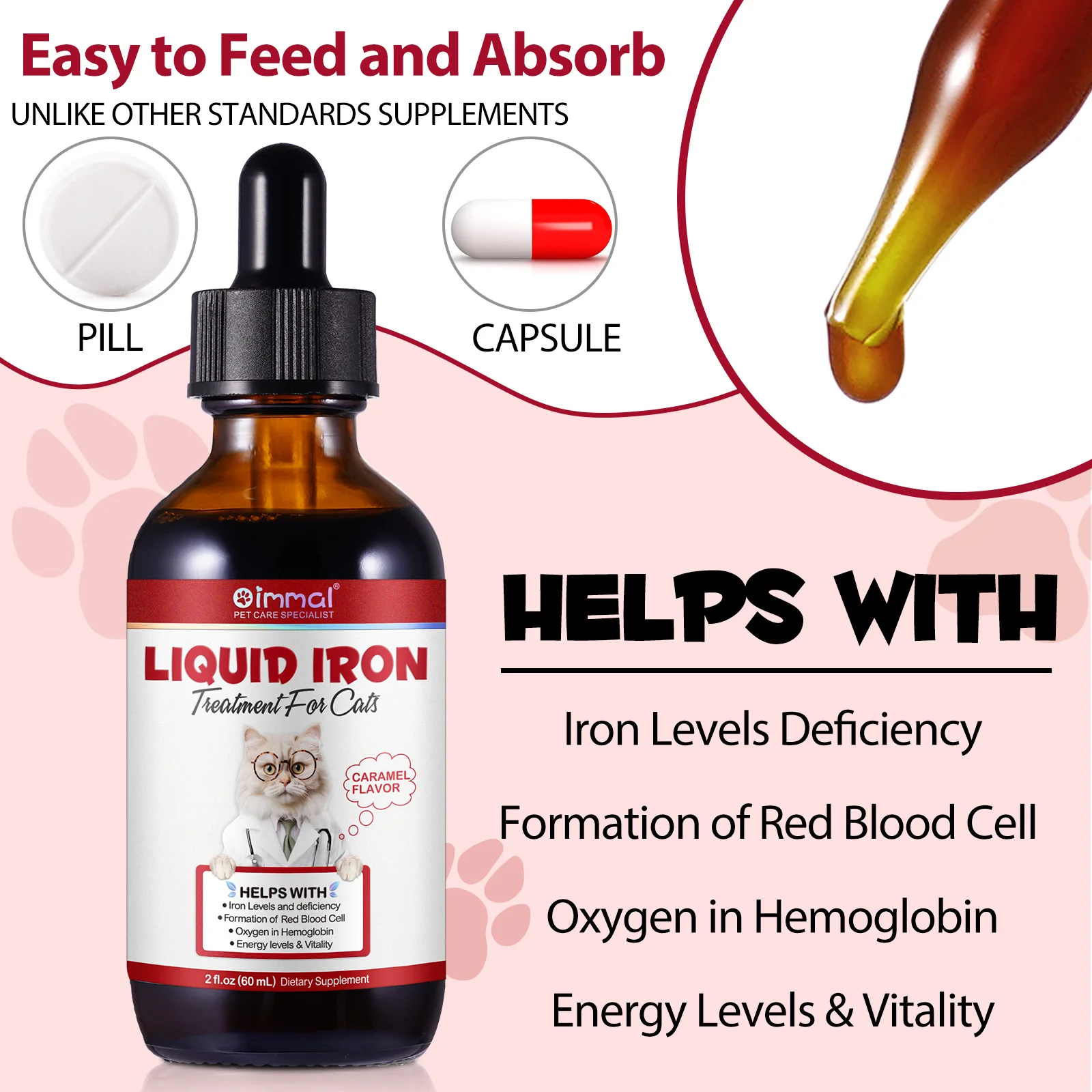 Liquid Iron Caramel Flavor Treatment for Cats Helps with Iron Levels Deficiency Formation of Red Blood Cell Oxygen in Hemoglobin