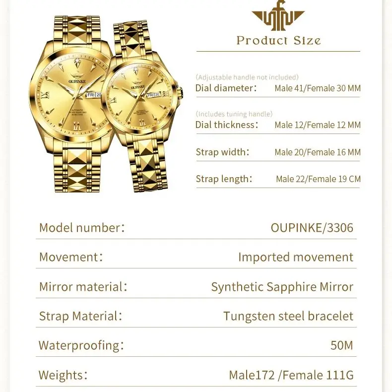 OUPINKE 3306 カップルウォッチ 高級本物のダイヤモンド メンズ レディース腕時計 タングステン鋼ストラップ ハイエンドギフトブランド 機械式腕時計セット