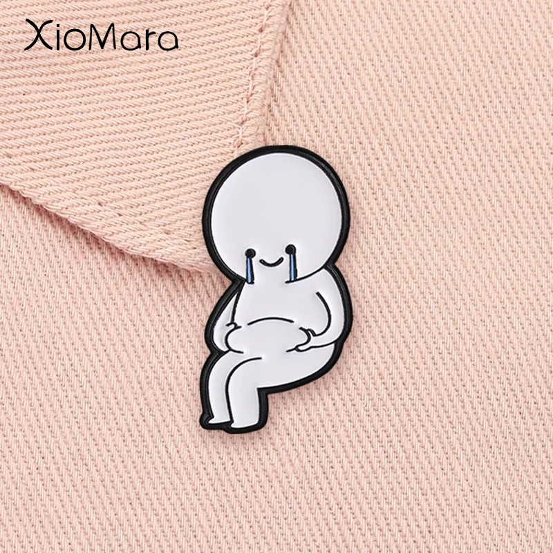 Crying Smile Flork Enamel Pin Funny Line Man Pinch Belly Minimalist Sitting Cartoon Character Brooch Lapel Badge Jewelry Gift