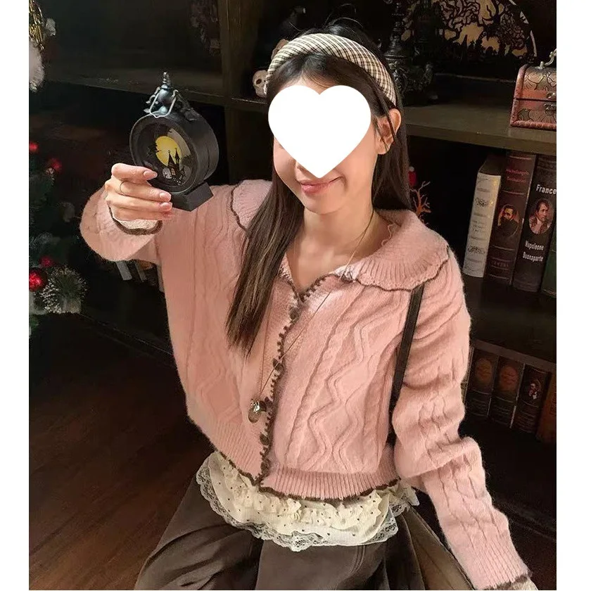 

Pink Twisted Knit Sweater Cardigan Women's Autumn Winter Sweet Sle Loose Fit Basic Model Dyed Medium Thi Chinese Made