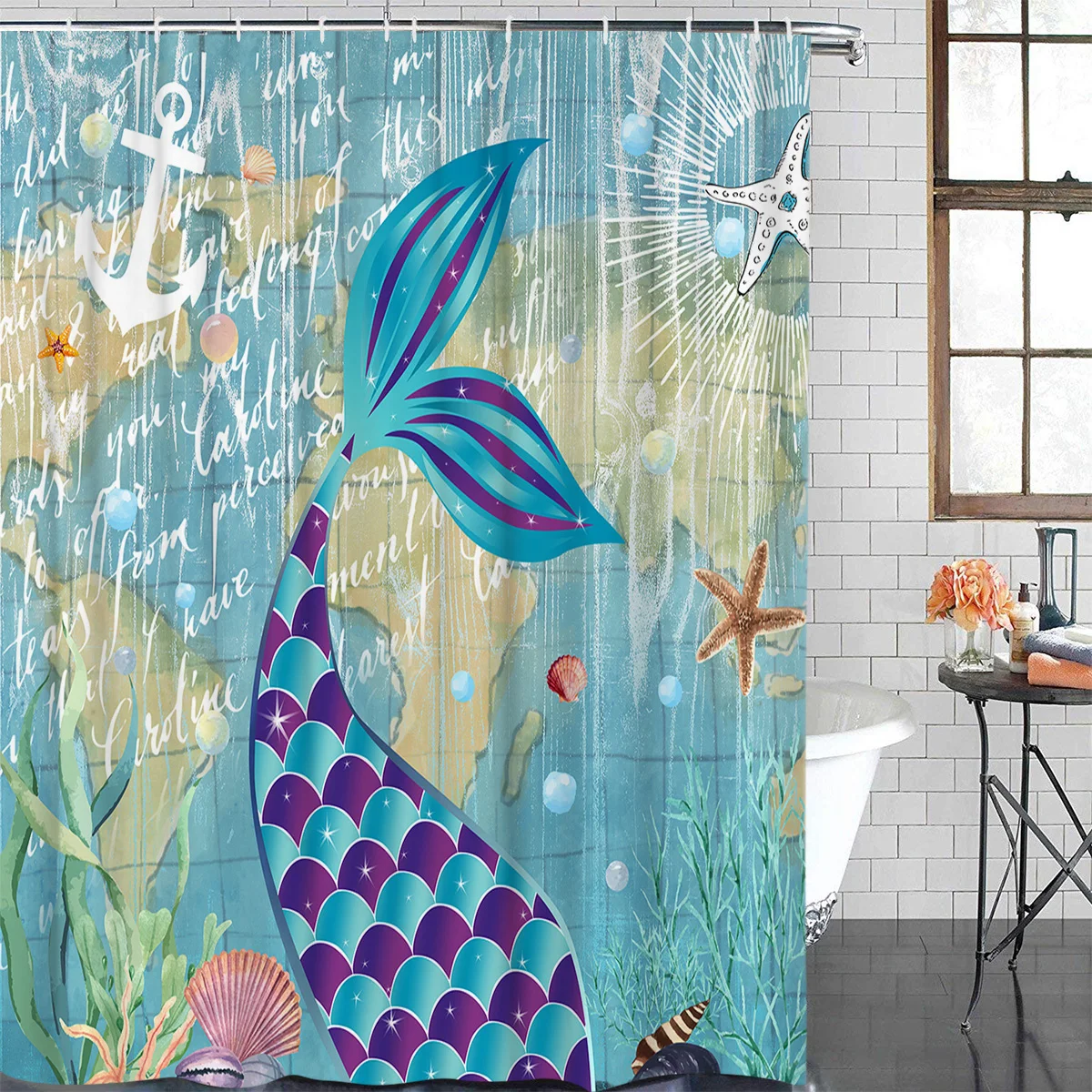 Mermaid Tail Marine Coral Shell Starfish Waterproof Shower Curtain Printed Bath Curtains Bathroom Decoration Accessories