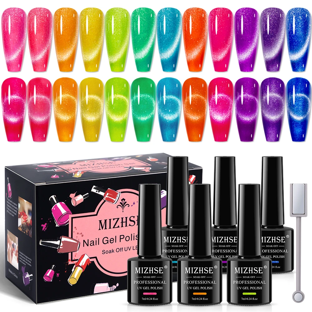 

MIZHSE 12Pcs/Kit Fluorescent Cat Eye Gel Nail Polish Neon Glitter Gel Soak Off UV Chameleon Colorful Magnetic Hybrid Nails Art