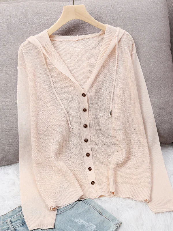Summer 2026 New Ice Silk Knitted Open Cardigan Women's Hooded Top Thin Hollow Short Sun Protection Outerwear Korean Style Loo...