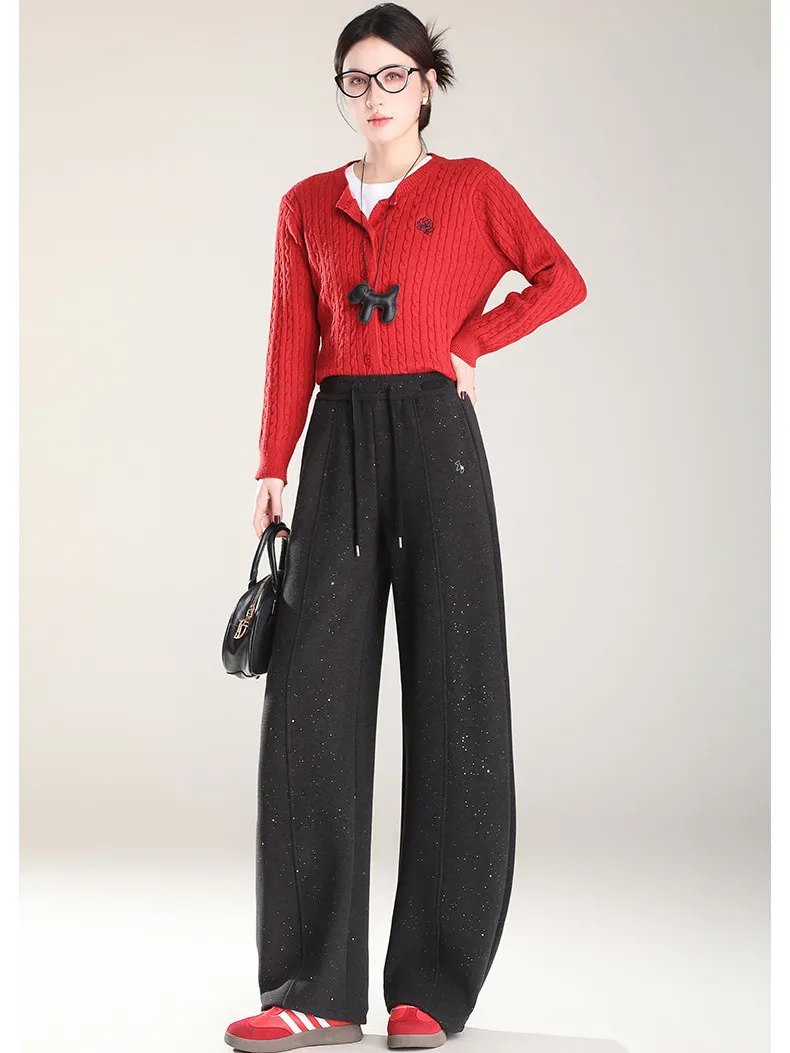 

Women Sweat Pants 2026 New Winter Women's Velvet Thickened Wide Leg Pants Horse Year Embroidery Sparkling Design