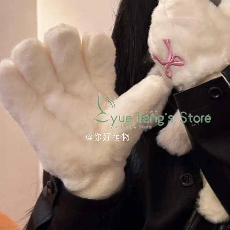 Bow Pattern Plush White Gloves Plush Thickened Winter Keep Warm Outdoor Ride Cold Windproof Mittens Hanging Neck Christmas Gifts