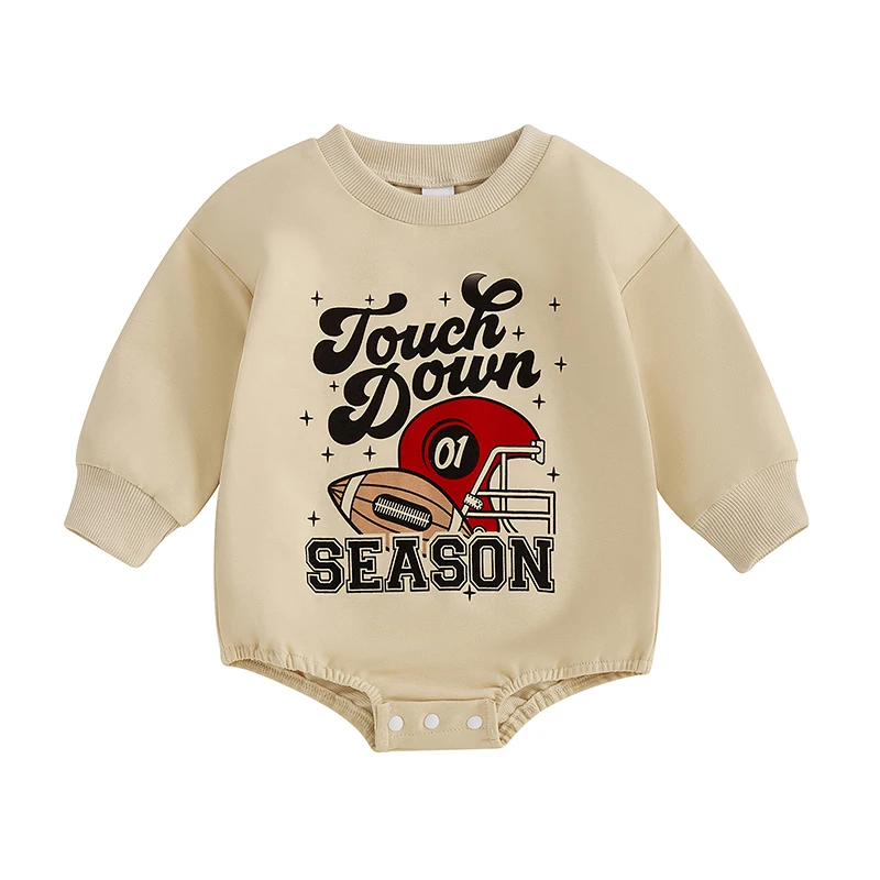 Baby Boy Sweatshirt Romper Long Sleeve Crew Neck Letter Football Print Jumpsuit Fall Clothes