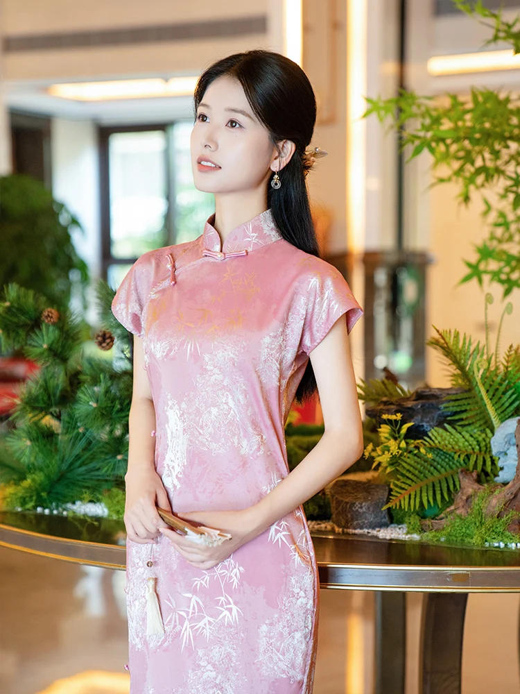 

Pink Qipao Dr for Women Wedding Engagement Registration Ceremony Daily Wear Comfortable Breathable ort Sve Midi Qipao