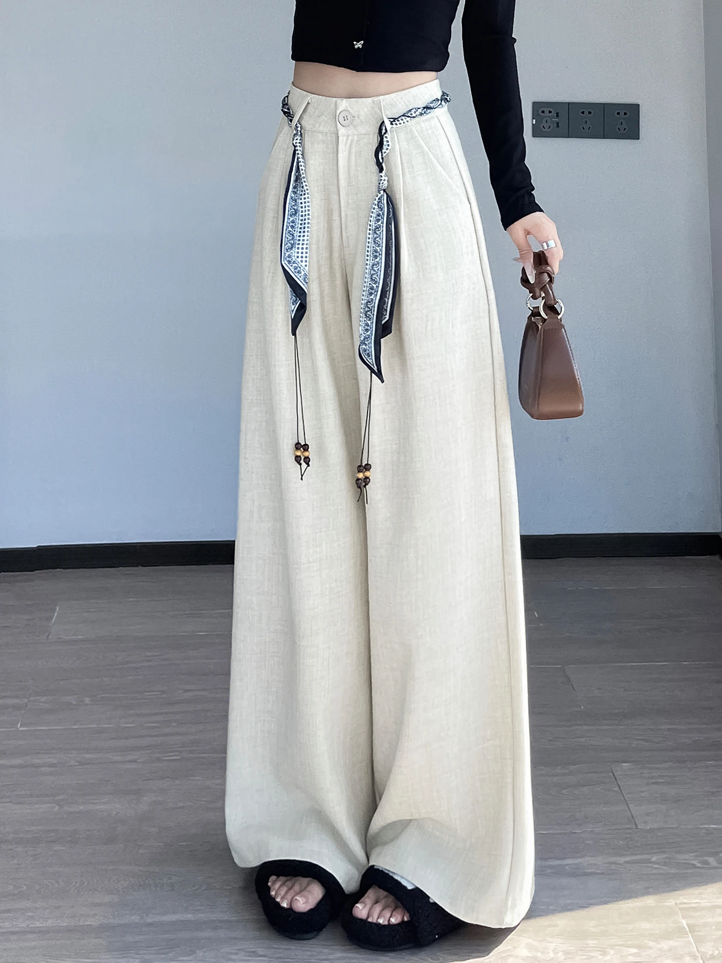 

Loose Wide Leg Pants Women's Spring Summer Thin High Waist Suit Trousers Anti-Wrinkle Comfortable Linen-Like Casual Pants