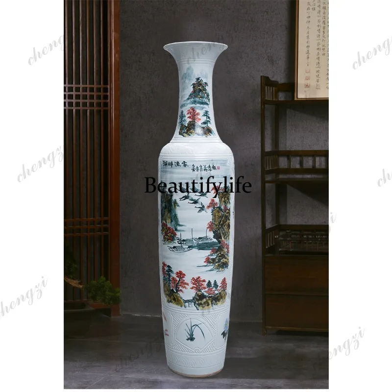 Hand-painted floor-to-ceiling large vase Jingdezhen ceramic living room hotel company hall opening decoration ornament