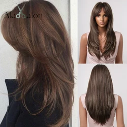 ALAN EATON Long Straight Layered Synthetic Wigs with Bangs Blonde Highlights on Brown Wigs for Black Women Afro Daily Party Hair