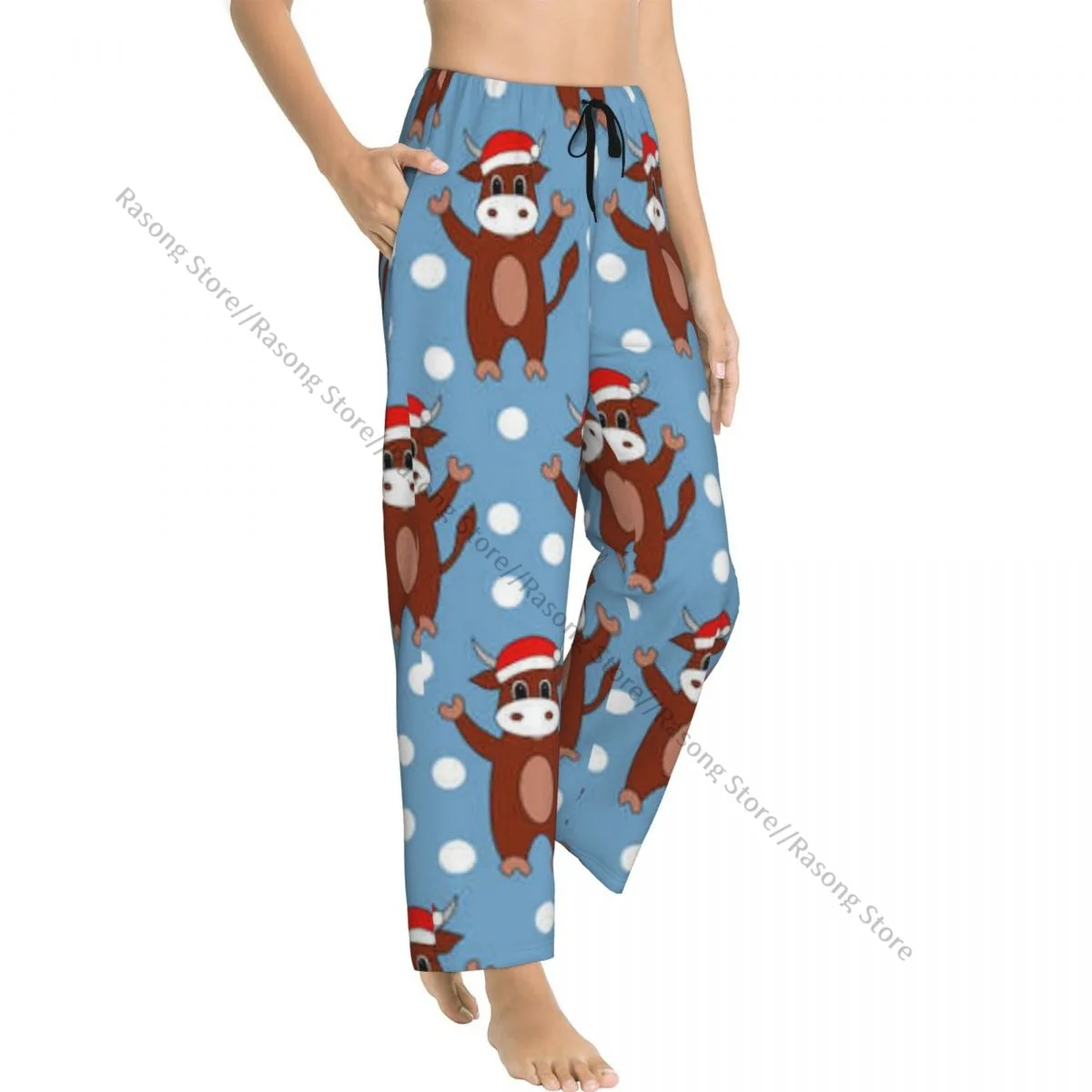 Cartoon Bull In Santa Hat Women Sleep Pants Warm Flannel Lounge Pants for Winter Nights