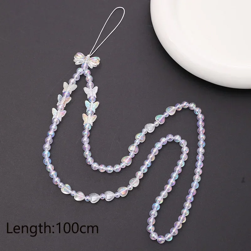 Pearl Crystal Phone Chain Hanging Neck Simple Butterfly Love Clay Charm Anti-loss Cellphone Case Rope Lanyard Jewelry for Women