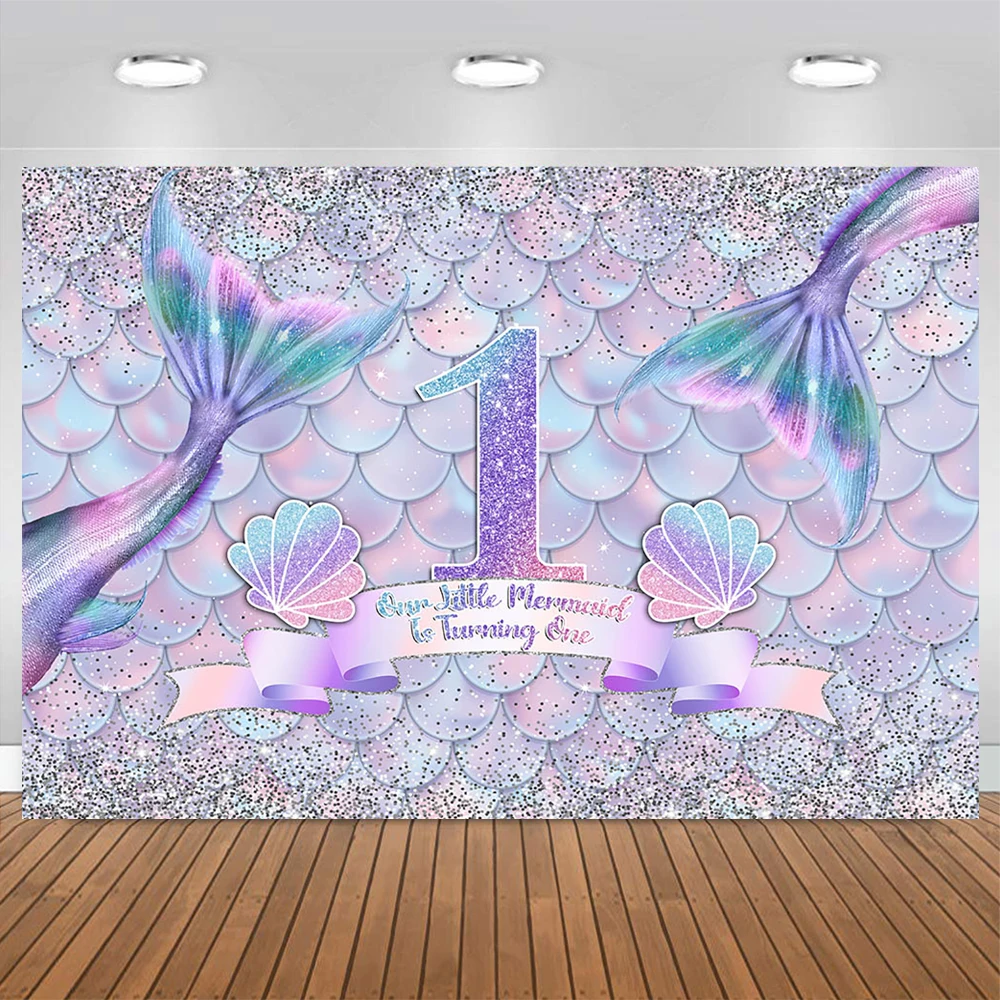 

Mermaid Girl 1st Birthday Photography Backdrop Sweet Baby Shower Shellfish Tail Theme Party Glitter Background Newborn Studio