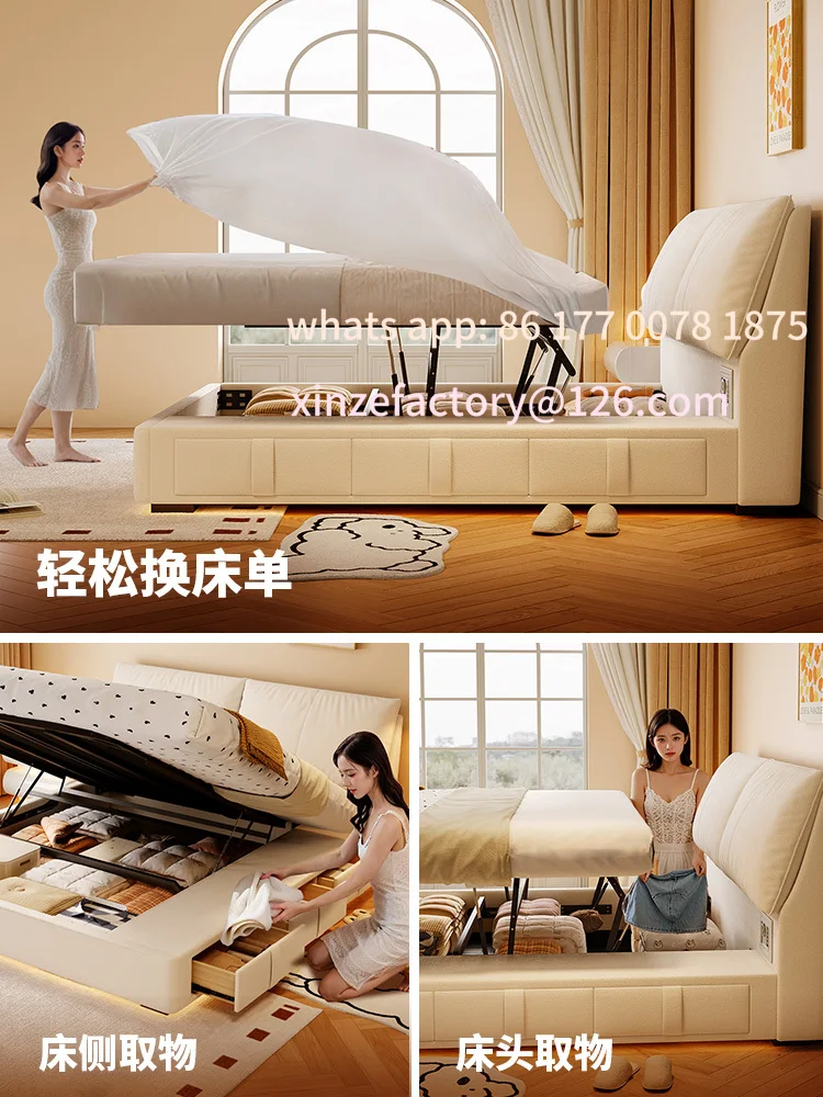 سرير قماشي للتخزين عبرية قابل للتخصيص، حقيبة ناعمة للرياح، غرفة نوم رئيسية مزدوجة مع درج تخزين، خزانة عالية