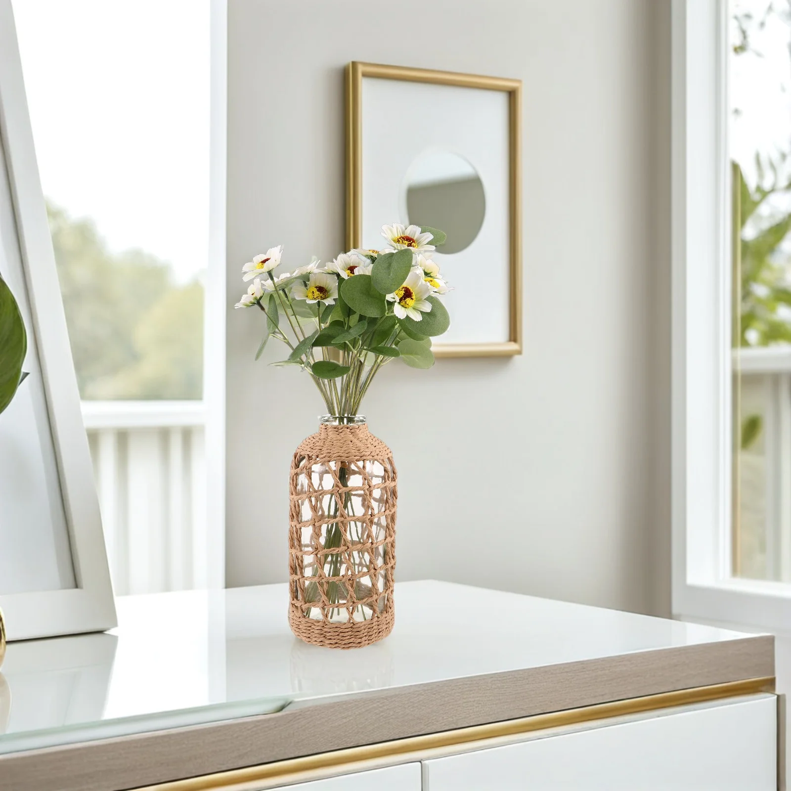 

1pcs Handmade Woven Flower Vase Cover Modern Minimalist Glass Vase For Dried Flowers Hydroponic Plants Desktop Decor Farmhouse