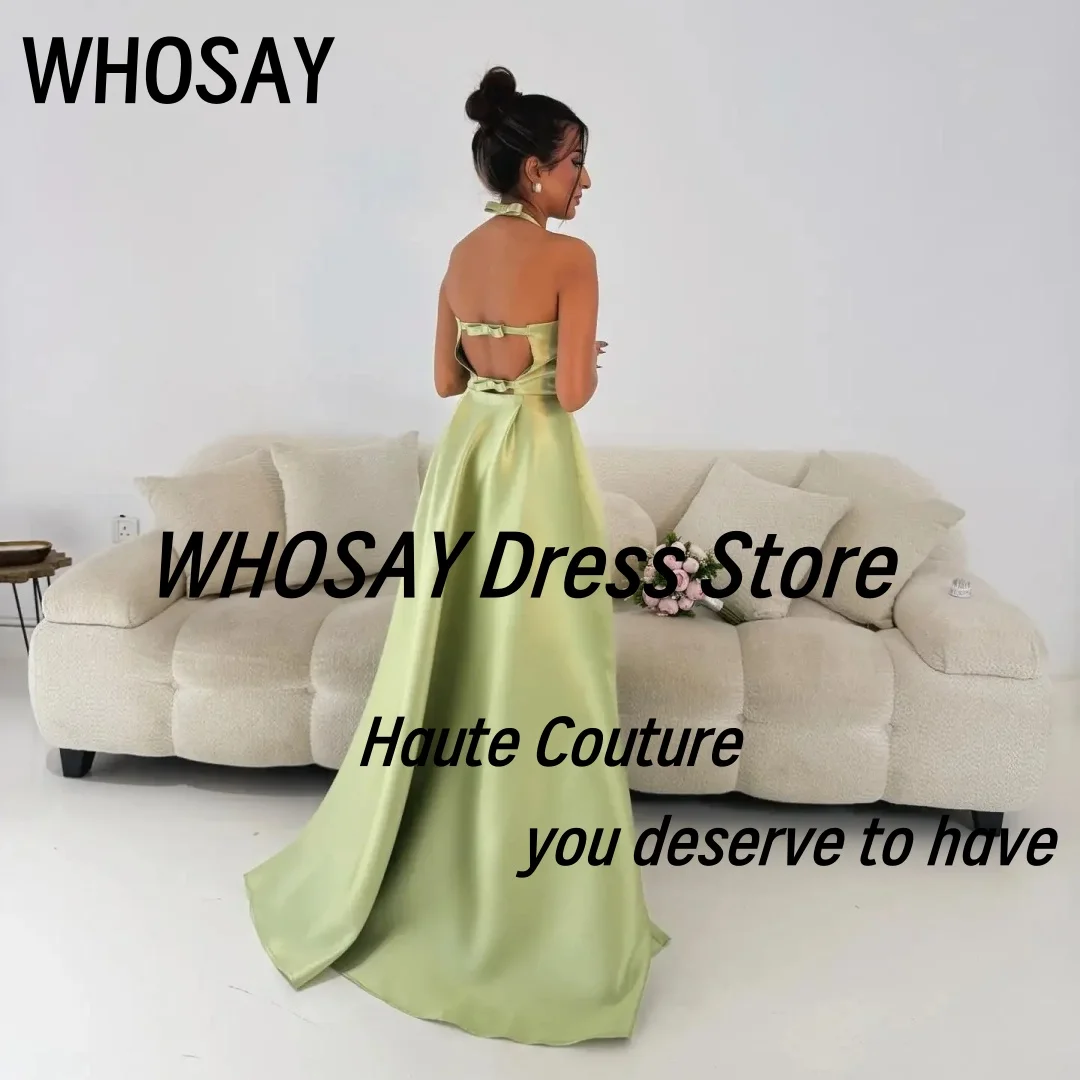 WHOSAY Halter Neck Prom Dresses with Bows Sexy Backless Customized Evening Gowns Satin A Line Wedding Party Dress