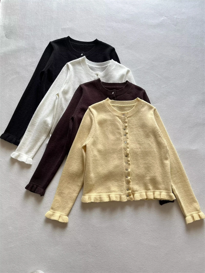 KEYANKETIAN Wiosna/Jesień Nowe damskie Agaric Dekoracja Dzianinowe swetry rozpinane Podstawy Jednolity kolor O-Neck Z długim rękawem Wąski sweter Top